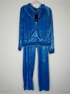NWT BCBGMAXAZRIA Velvet Velour Track Suit Y2K Blue Crushed Rhinestones